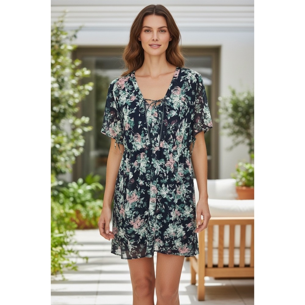 Relativity Navy Floral Flutter Sleeve Lace Up V Neck Mini Dress Size‎ Large NWT
